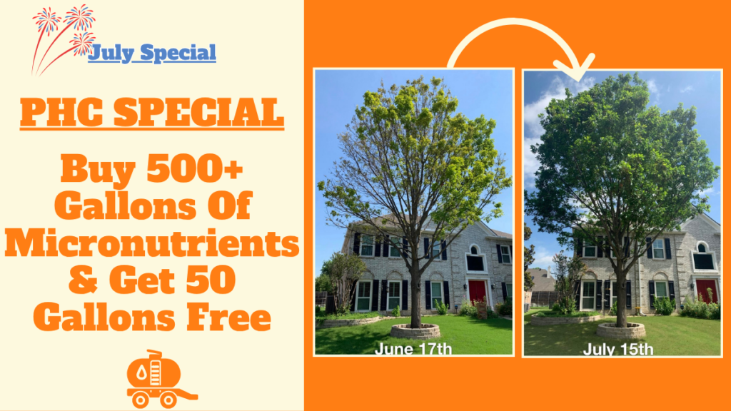 Side-by-side photos show a tree's improvement after micronutrient treatment. Offer gives 50 free gallons when purchasing 500+ gallons.