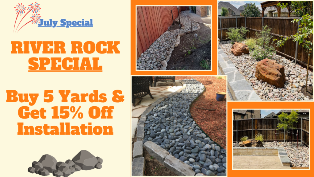 A Collage of river rock landscaping along fences, walkways, and garden beds. Promo highlights 5% off installation with the purchase of 5 yards.