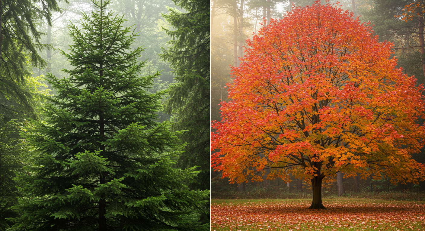 Pine tree and maple tree in fall.
